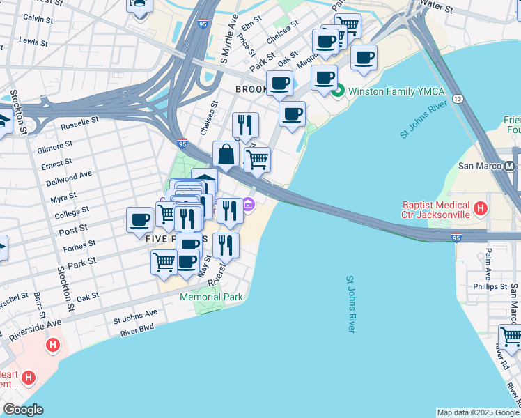 map of restaurants, bars, coffee shops, grocery stores, and more near 829 Riverside Avenue in Jacksonville