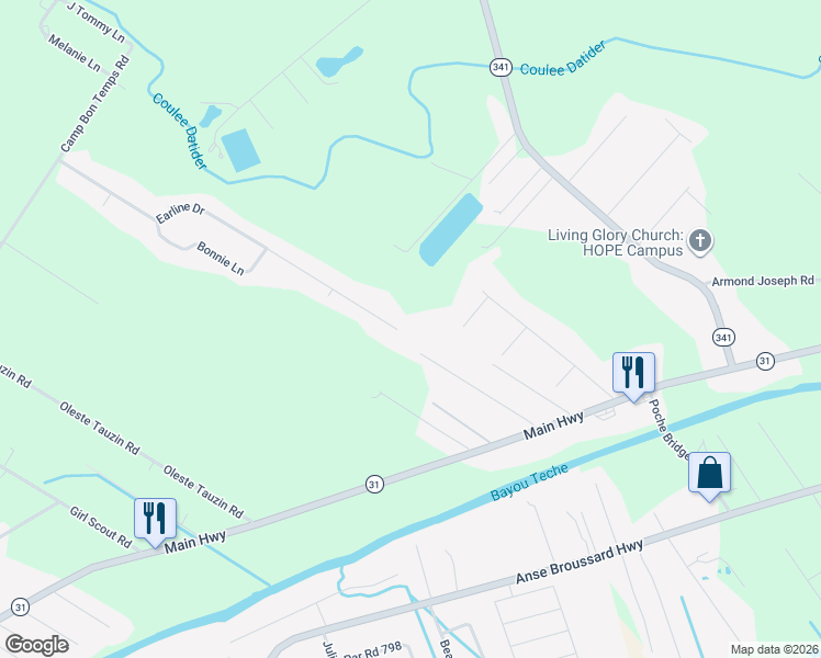 map of restaurants, bars, coffee shops, grocery stores, and more near 1181 Earline Drive in Breaux Bridge