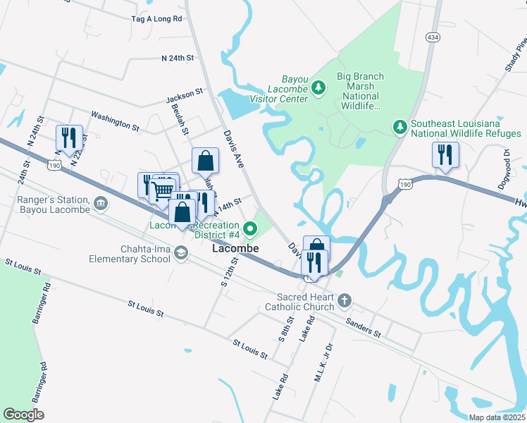 map of restaurants, bars, coffee shops, grocery stores, and more near 61100 North 12th Street in Lacombe