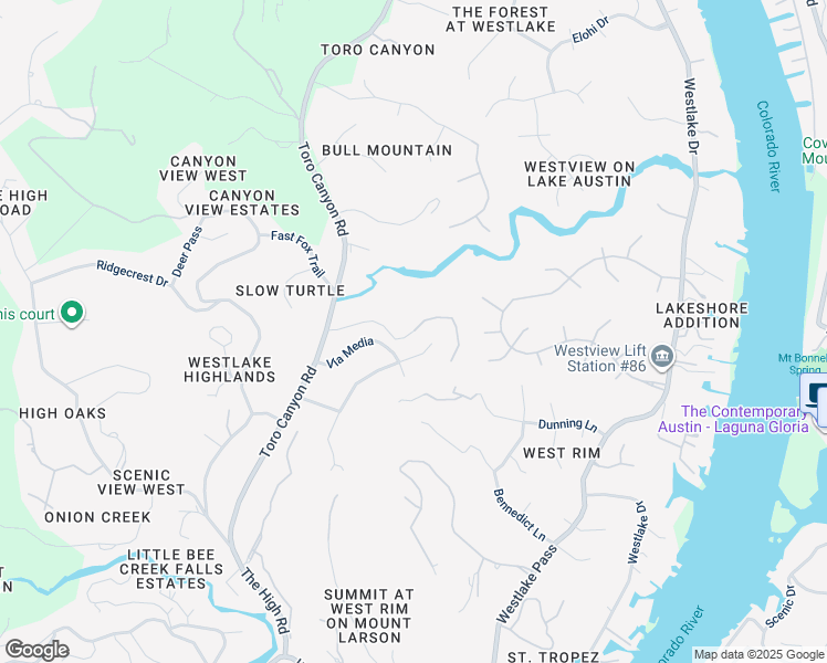 map of restaurants, bars, coffee shops, grocery stores, and more near 2505 Camino Alto Road in Austin