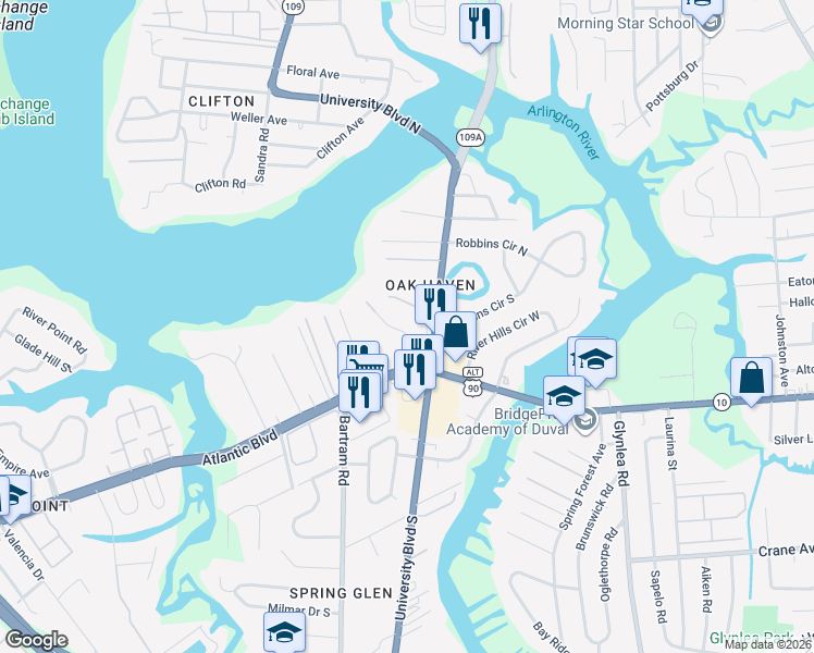 map of restaurants, bars, coffee shops, grocery stores, and more near 1509 Lawrence Place in Jacksonville