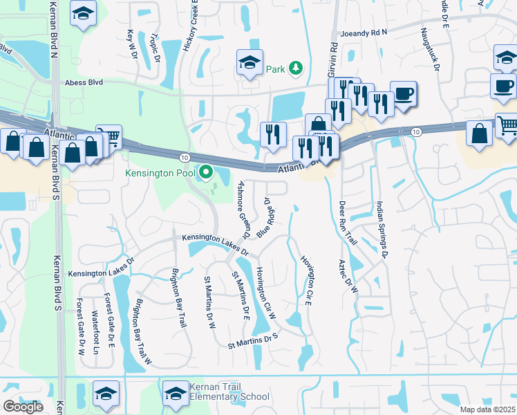 map of restaurants, bars, coffee shops, grocery stores, and more near 1830 Wildwood Creek Lane in Jacksonville