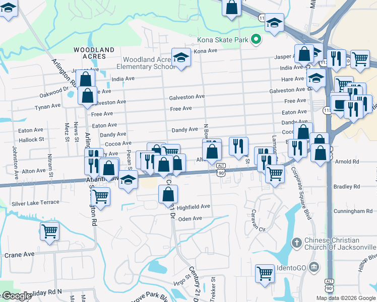 map of restaurants, bars, coffee shops, grocery stores, and more near 8129 Alton Avenue in Jacksonville