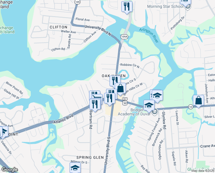 map of restaurants, bars, coffee shops, grocery stores, and more near 1509 Lawrence Place in Jacksonville