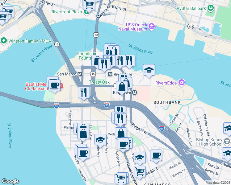 map of restaurants, bars, coffee shops, grocery stores, and more near 1451 Louisa Street in Jacksonville