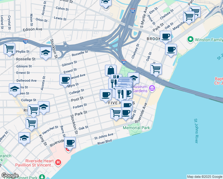map of restaurants, bars, coffee shops, grocery stores, and more near 101216 Margaret Street in Jacksonville