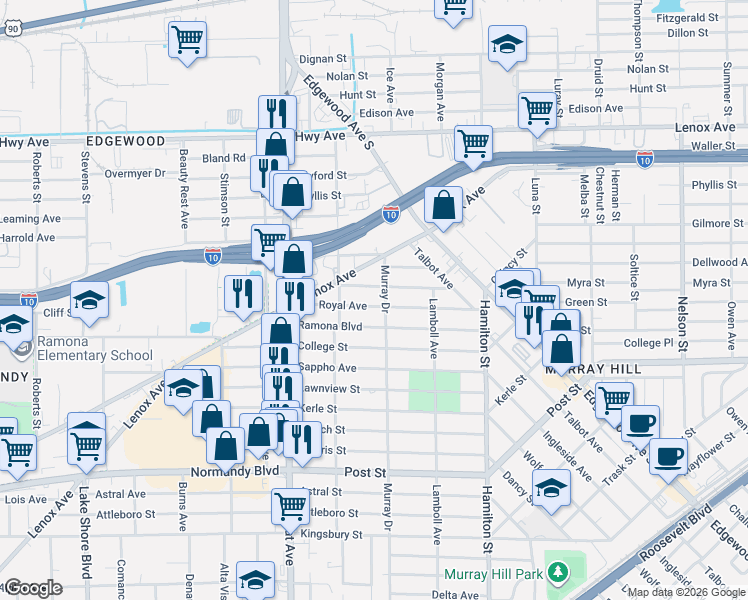 map of restaurants, bars, coffee shops, grocery stores, and more near 4728 Royal Avenue in Jacksonville