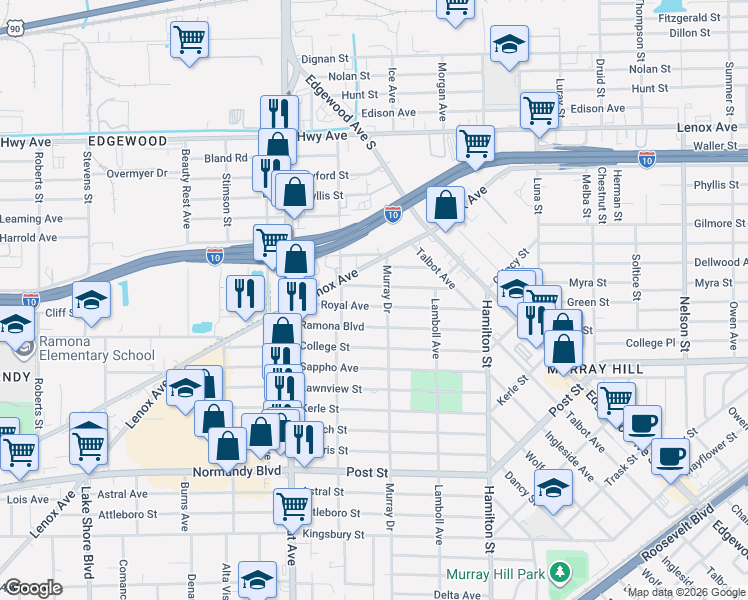 map of restaurants, bars, coffee shops, grocery stores, and more near 4728 Royal Avenue in Jacksonville
