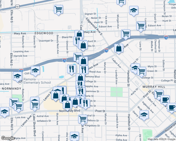 map of restaurants, bars, coffee shops, grocery stores, and more near 4820 Royal Avenue in Jacksonville