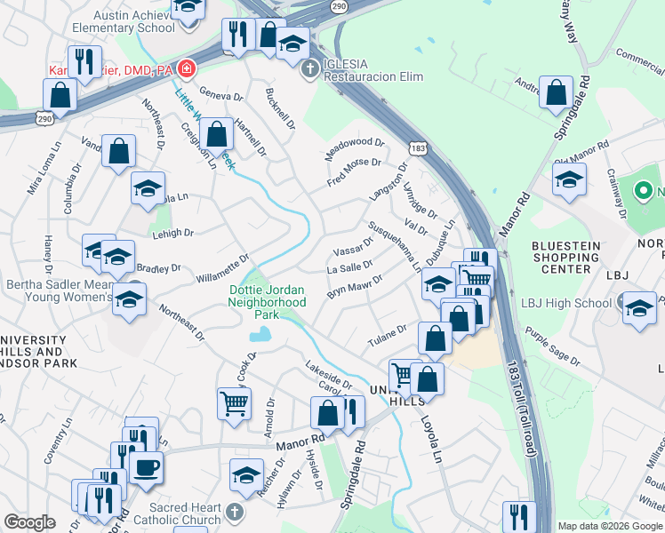 map of restaurants, bars, coffee shops, grocery stores, and more near 6805 Hanover Lane in Austin