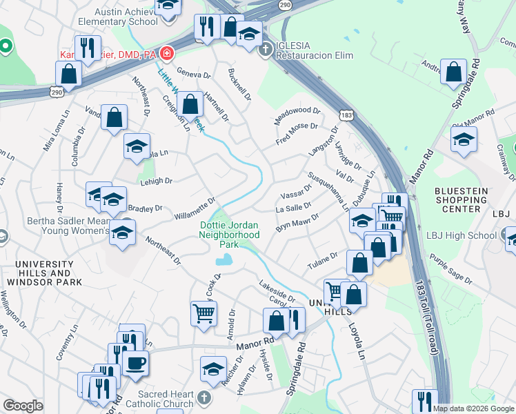 map of restaurants, bars, coffee shops, grocery stores, and more near 6701 La Salle Drive in Austin