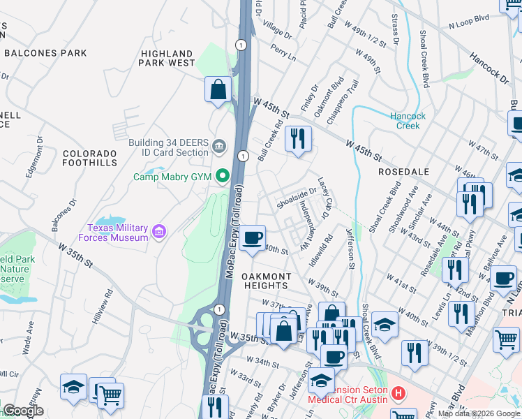map of restaurants, bars, coffee shops, grocery stores, and more near 1909 West 42nd Street in Austin