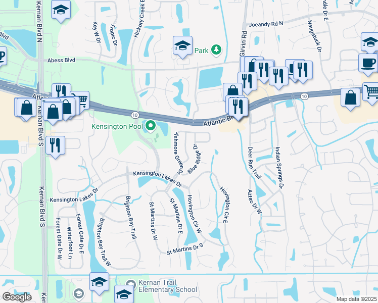 map of restaurants, bars, coffee shops, grocery stores, and more near 1830 Wildwood Creek Lane in Jacksonville
