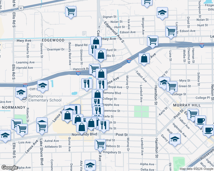 map of restaurants, bars, coffee shops, grocery stores, and more near 4820 Royal Avenue in Jacksonville