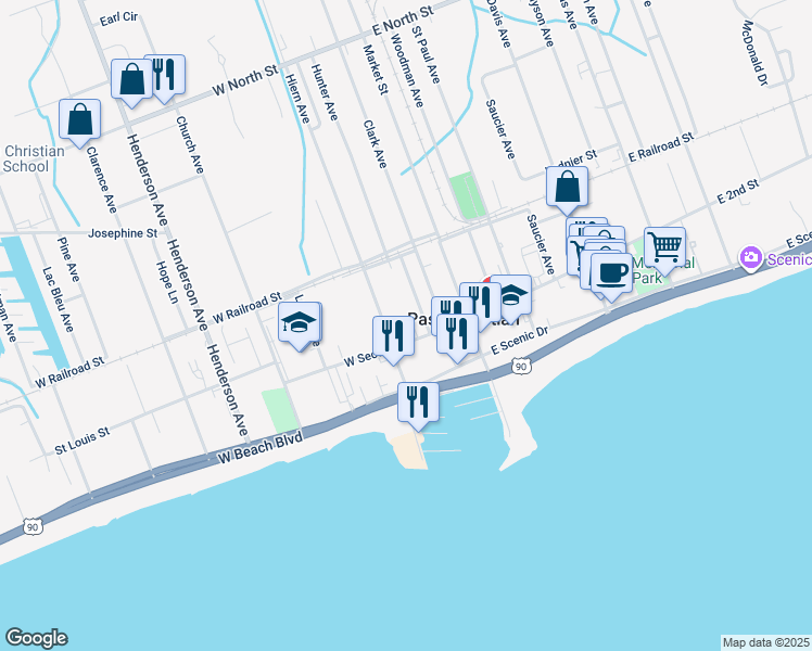 map of restaurants, bars, coffee shops, grocery stores, and more near 205 Hunter Avenue in Pass Christian