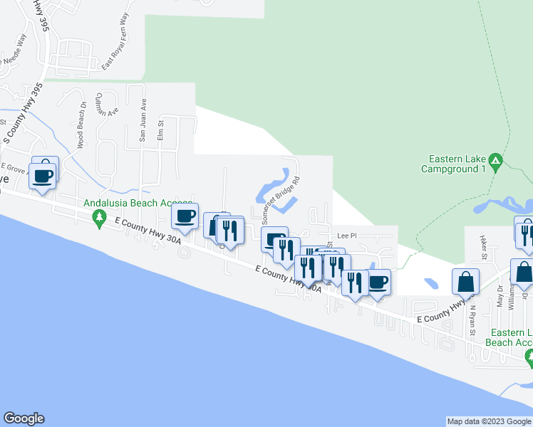 map of restaurants, bars, coffee shops, grocery stores, and more near 21 Sand Dollar Court in Santa Rosa Beach