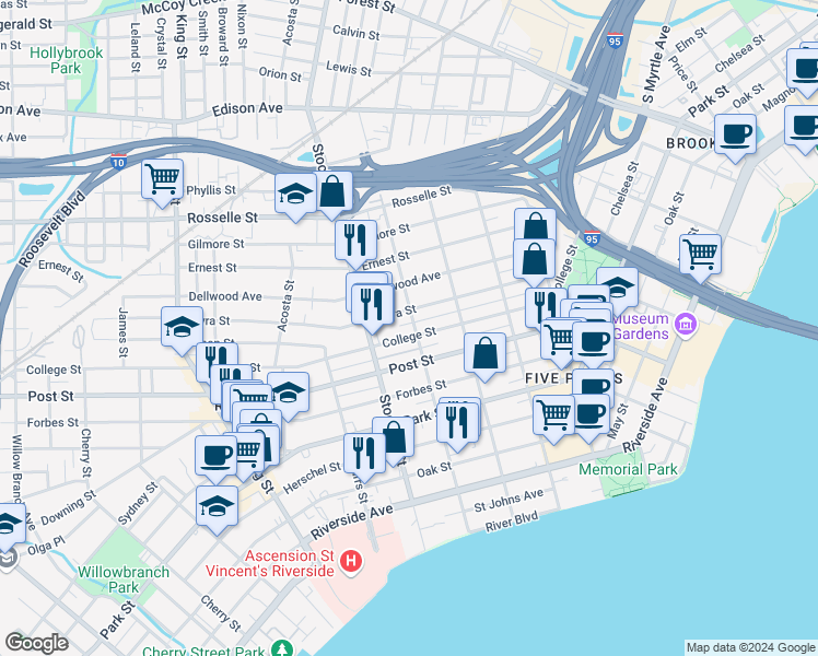 map of restaurants, bars, coffee shops, grocery stores, and more near 2305 College Street in Jacksonville