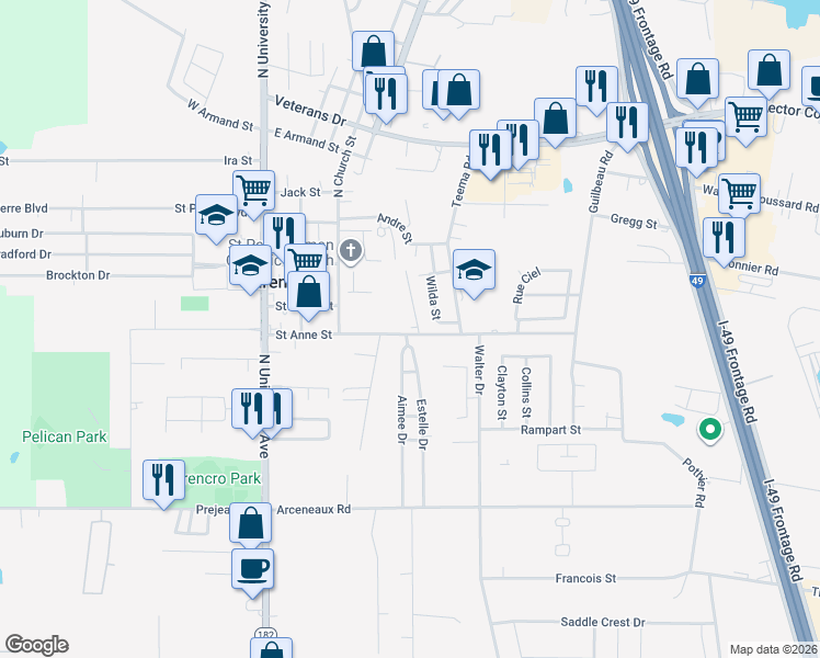 map of restaurants, bars, coffee shops, grocery stores, and more near 118 Aimee Drive in Carencro