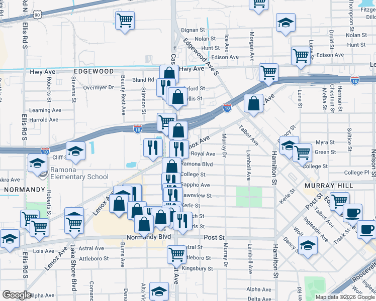 map of restaurants, bars, coffee shops, grocery stores, and more near 4820 Royal Avenue in Jacksonville