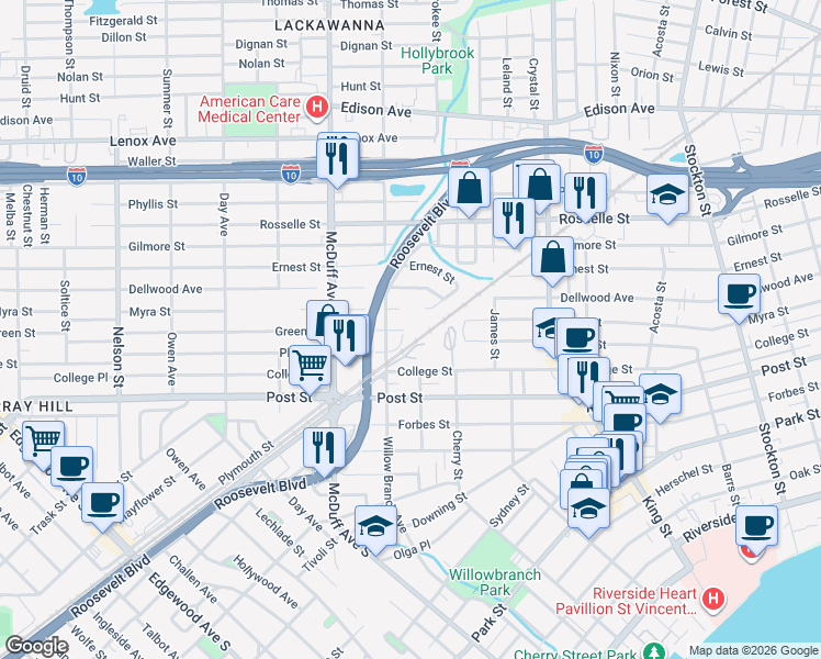 map of restaurants, bars, coffee shops, grocery stores, and more near 2903 College Street in Jacksonville