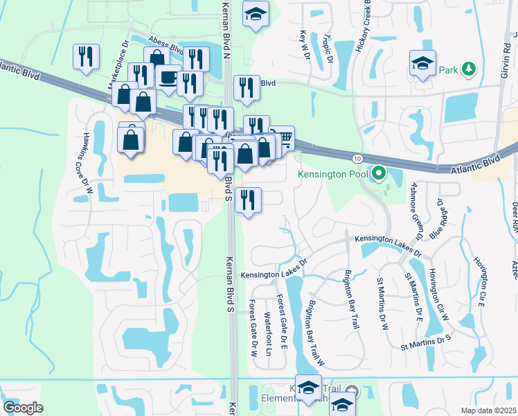 map of restaurants, bars, coffee shops, grocery stores, and more near 12357 Vista Point Circle in Jacksonville