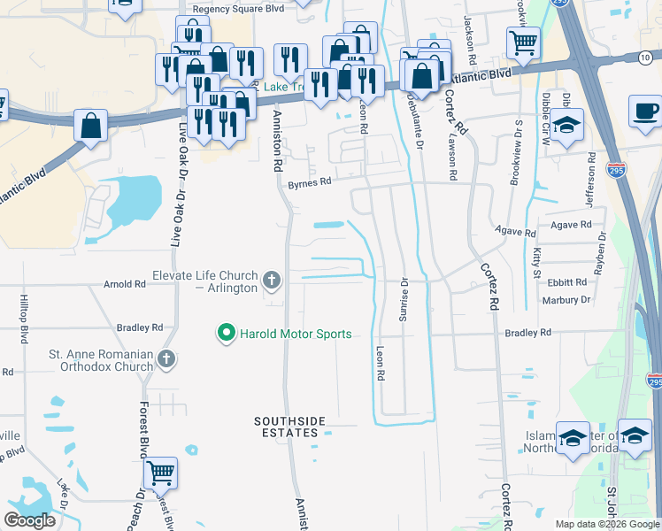 map of restaurants, bars, coffee shops, grocery stores, and more near 1937 Anniston Road in Jacksonville