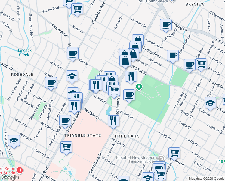 map of restaurants, bars, coffee shops, grocery stores, and more near 4700 West Guadalupe Street in Austin
