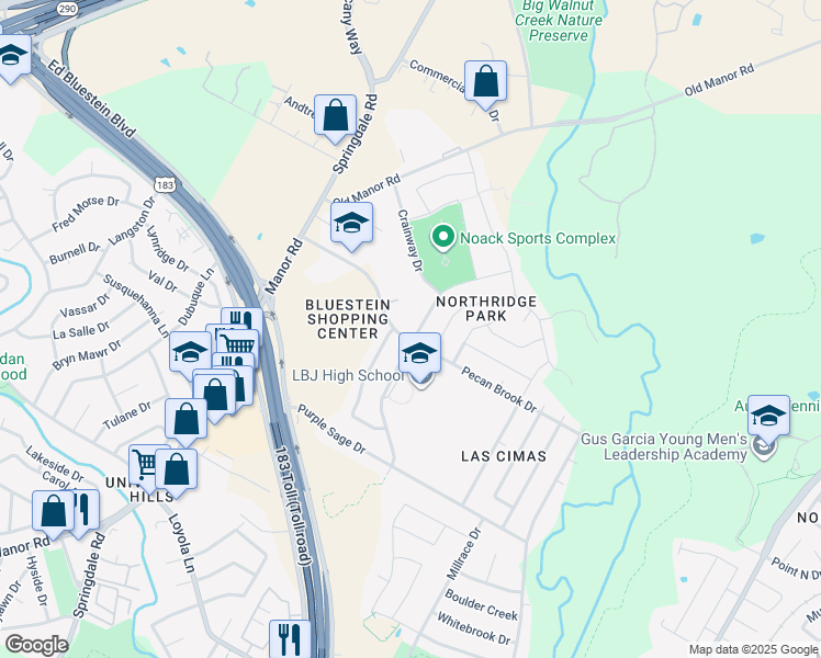 map of restaurants, bars, coffee shops, grocery stores, and more near 7408 Lazy Creek Drive in Austin