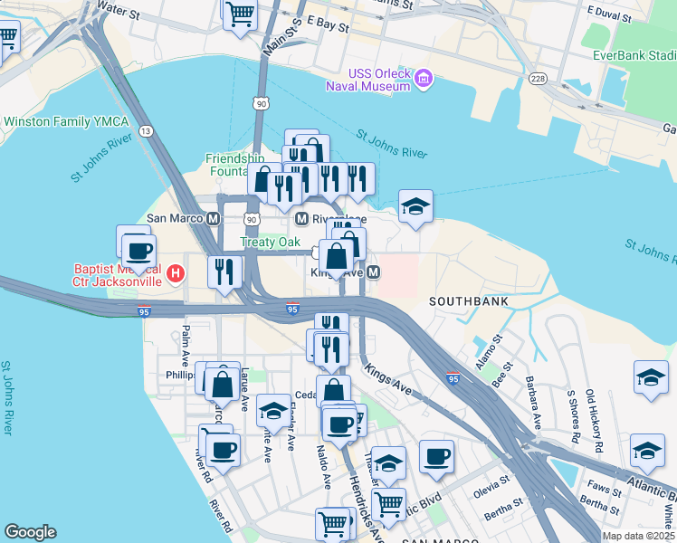 map of restaurants, bars, coffee shops, grocery stores, and more near 1451 Louisa Street in Jacksonville