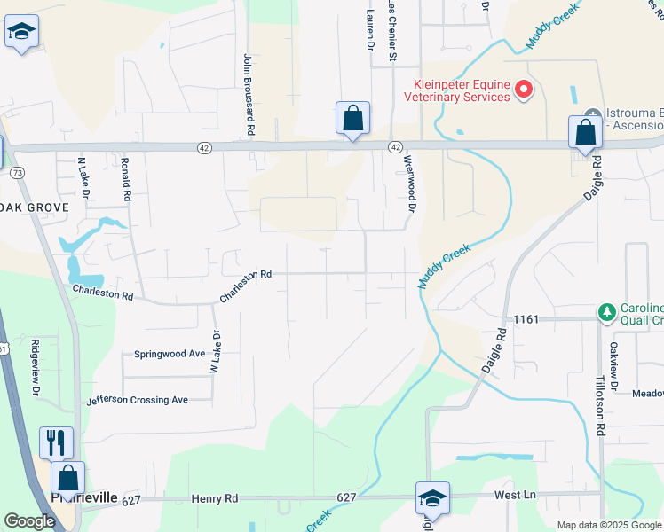 map of restaurants, bars, coffee shops, grocery stores, and more near 38432 Charleston Road in Prairieville