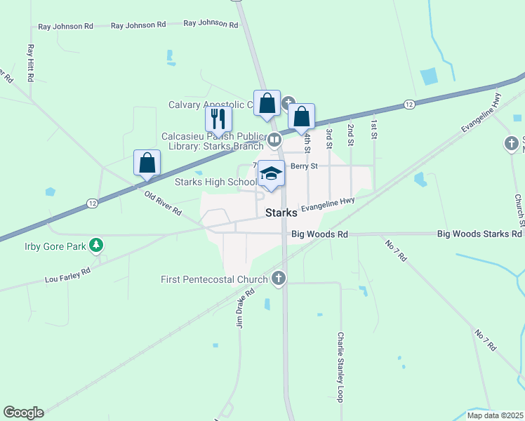 map of restaurants, bars, coffee shops, grocery stores, and more near 137 Louisiana 109 in Starks
