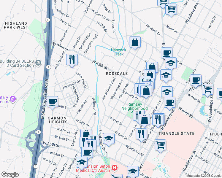 map of restaurants, bars, coffee shops, grocery stores, and more near 4301 Shoal Creek Boulevard in Austin
