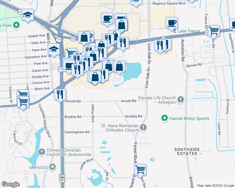 map of restaurants, bars, coffee shops, grocery stores, and more near 9906 Jeanette Road in Jacksonville
