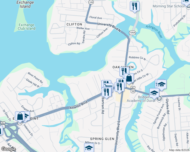 map of restaurants, bars, coffee shops, grocery stores, and more near 1218 River Bank Court in Jacksonville