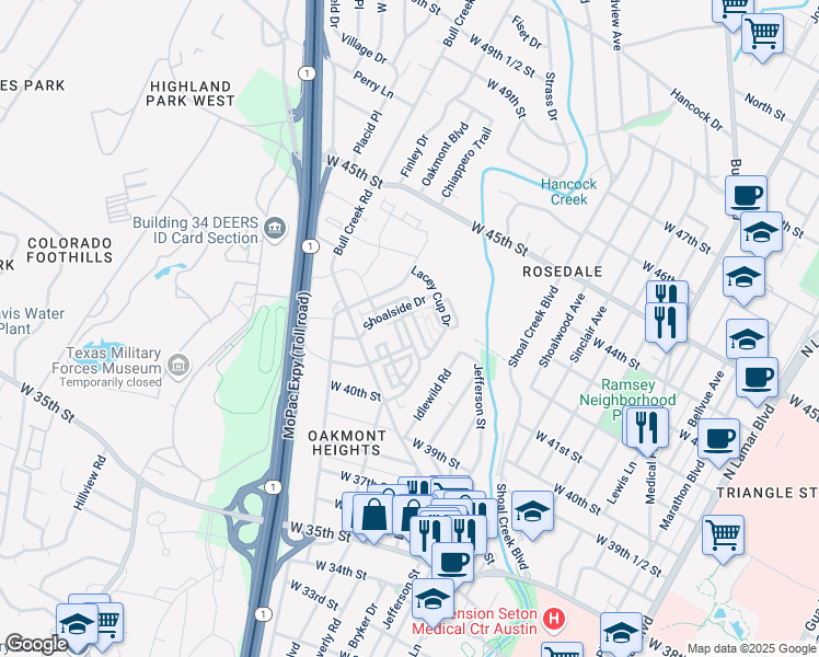 map of restaurants, bars, coffee shops, grocery stores, and more near 4325 Jackson Avenue in Austin