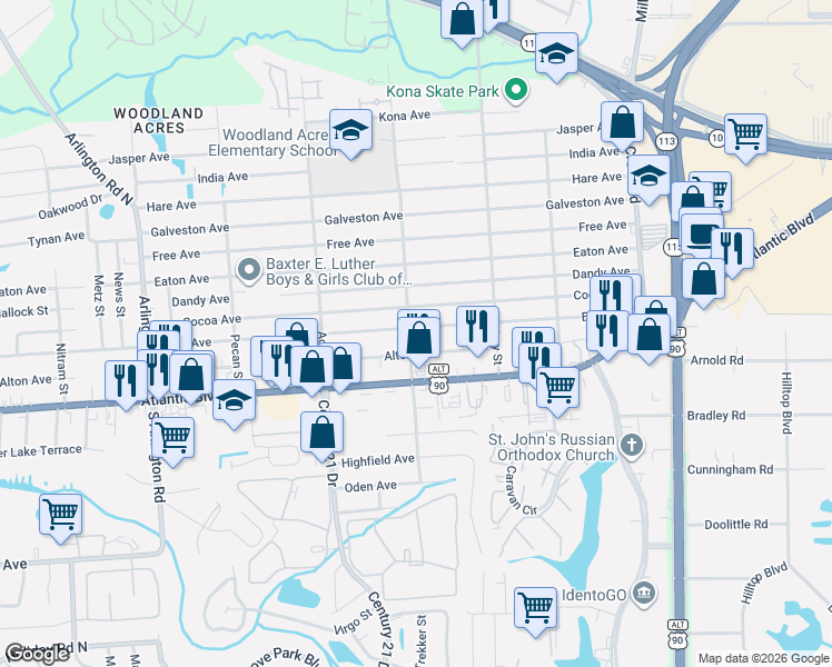 map of restaurants, bars, coffee shops, grocery stores, and more near 49 North Bowlan Street in Jacksonville