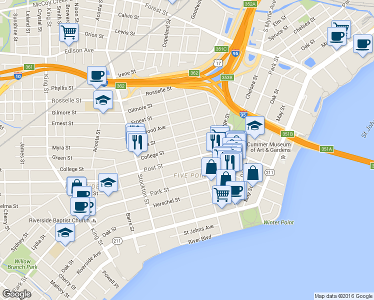 map of restaurants, bars, coffee shops, grocery stores, and more near in Jacksonville