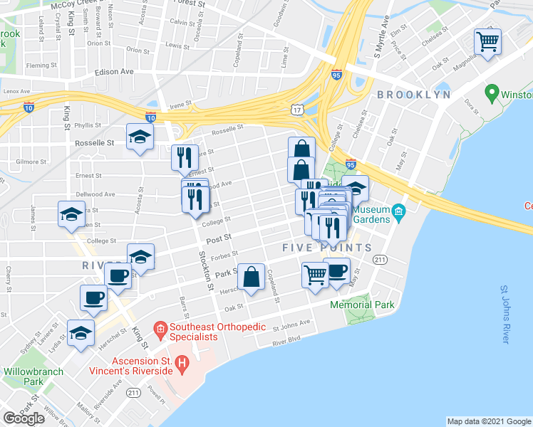map of restaurants, bars, coffee shops, grocery stores, and more near in Jacksonville