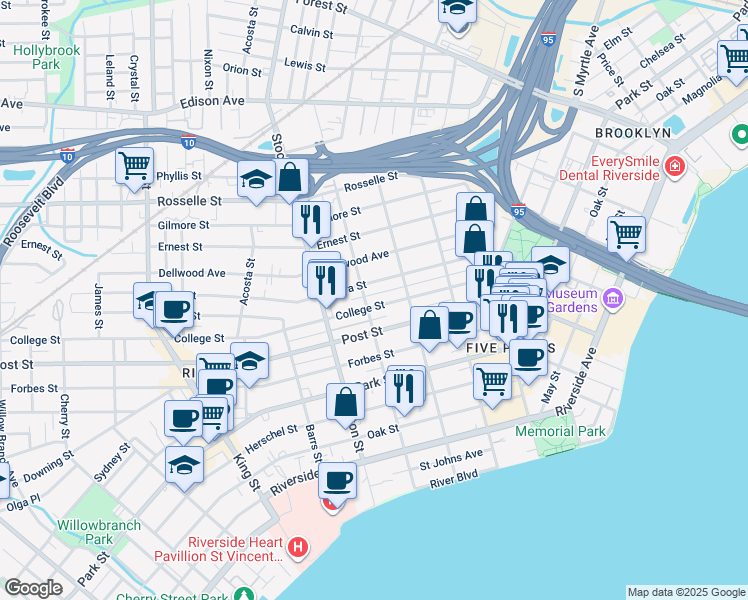 map of restaurants, bars, coffee shops, grocery stores, and more near 2254 College Street in Jacksonville