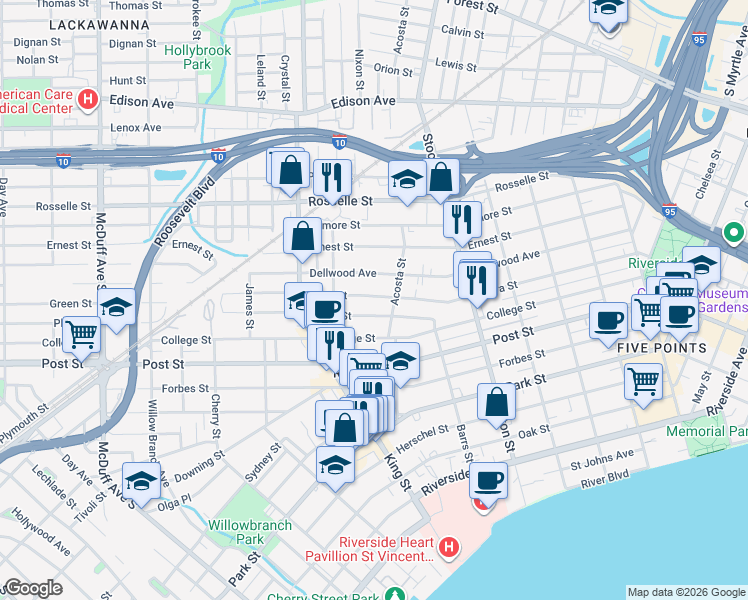 map of restaurants, bars, coffee shops, grocery stores, and more near 828 Acosta Street in Jacksonville
