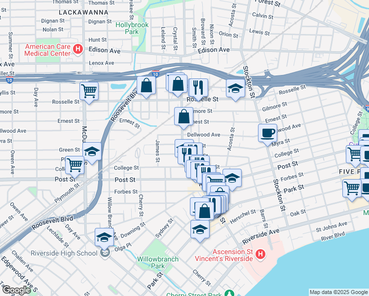map of restaurants, bars, coffee shops, grocery stores, and more near 2696 Green Street in Jacksonville