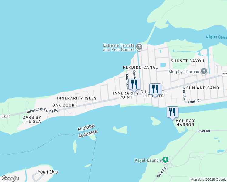 map of restaurants, bars, coffee shops, grocery stores, and more near 14400 Innerarity Point Road in Pensacola