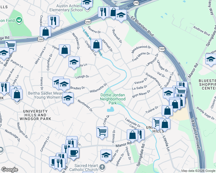 map of restaurants, bars, coffee shops, grocery stores, and more near 6700 Langston Drive in Austin