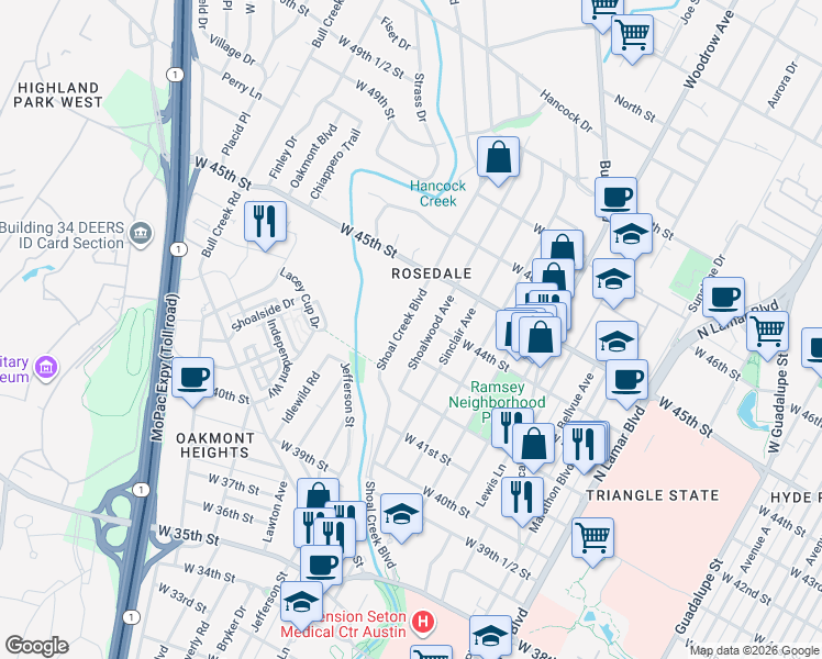 map of restaurants, bars, coffee shops, grocery stores, and more near 4301 Shoal Creek Boulevard in Austin