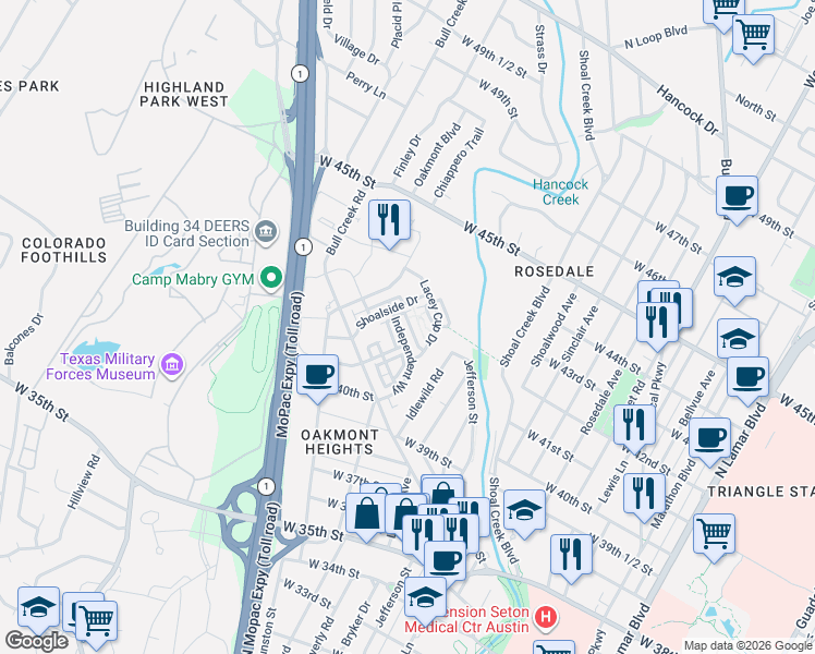 map of restaurants, bars, coffee shops, grocery stores, and more near 4020 Emory Peak Pass in Austin