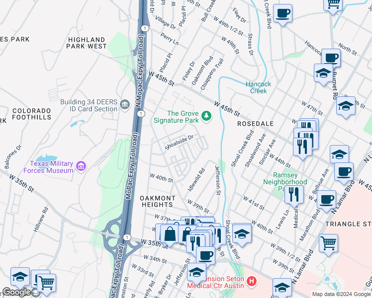 map of restaurants, bars, coffee shops, grocery stores, and more near 4020 Emory Peak Pass in Austin
