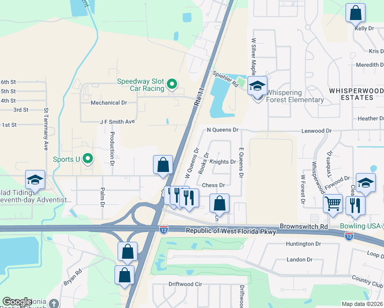 map of restaurants, bars, coffee shops, grocery stores, and more near 132 West Queens Drive in Slidell