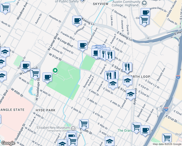 map of restaurants, bars, coffee shops, grocery stores, and more near 5014 Rowena Avenue in Austin