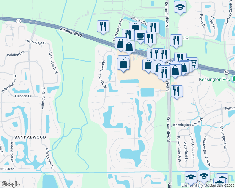 map of restaurants, bars, coffee shops, grocery stores, and more near 12129 Autumn Sunrise Drive in Jacksonville