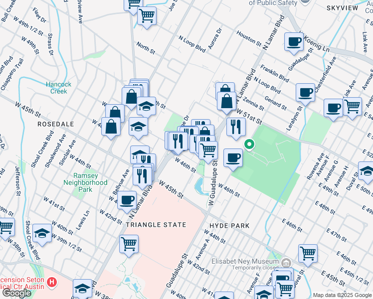 map of restaurants, bars, coffee shops, grocery stores, and more near 4615 North Lamar Boulevard in Austin
